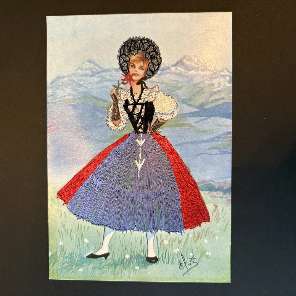 Vintage Embroidered Card‎ of Woman Wearing Swiss National Costume Blue Red